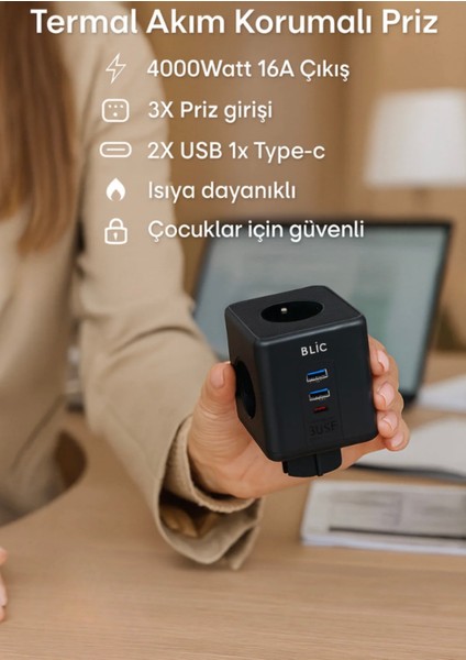 Termal Akım Korumalı Priz 4000WATT-16A Çıkış 3xpriz-2xusb-1xtype-C Isıya Dayanıklı Çocuk Kilidi Priz modelleri