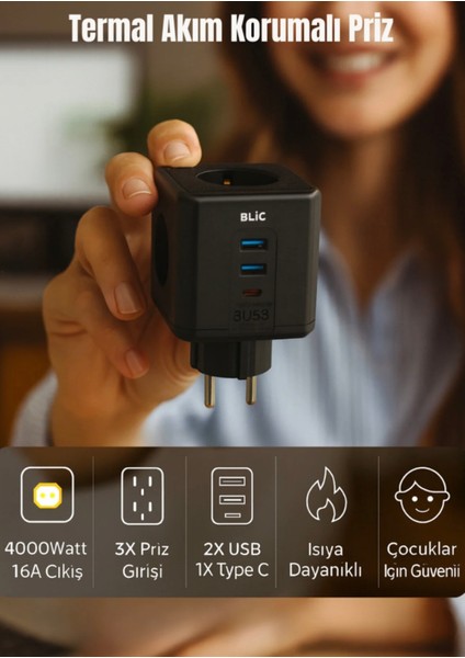 Termal Akım Korumalı Priz 4000WATT-16A Çıkış 3xpriz-2xusb-1xtype-C Isıya Dayanıklı Çocuk Kilidi Priz fırsatları
