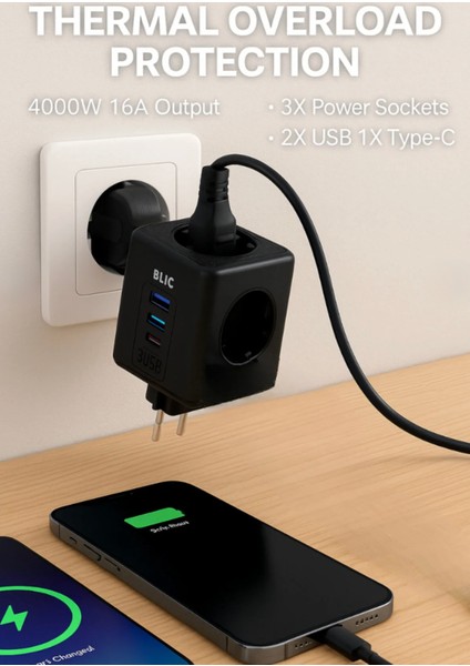 Termal Akım Korumalı Priz 4000WATT-16A Çıkış 3xpriz-2xusb-1xtype-C Isıya Dayanıklı Çocuk Kilidi Priz indirimleri
