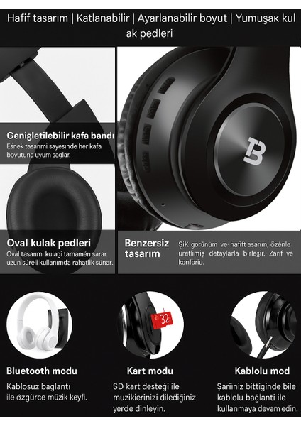 Kablosuz Bluetooth Kulaküstü Kulaklık-Mikrofonlu, Stereo Ses, Aux ve Hafıza Kartı Desteği Pulse