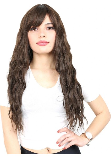 Perçemli Uzun Su Dalgası Fiber Sentetik Peruk- Açık Kahve