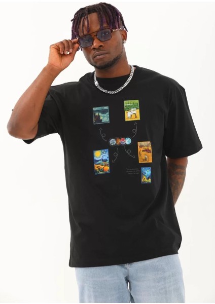 Unisex Oversize Baskılı Bisiklet Yaka T-Shirt - Siyah fiyatları