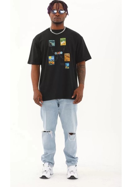 Unisex Oversize Baskılı Bisiklet Yaka T-Shirt - Siyah fırsatları