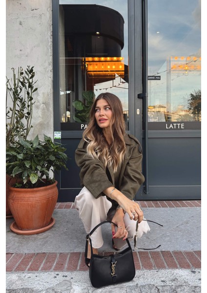 Haki Apolet Detaylı Astarlı Süet Ceket