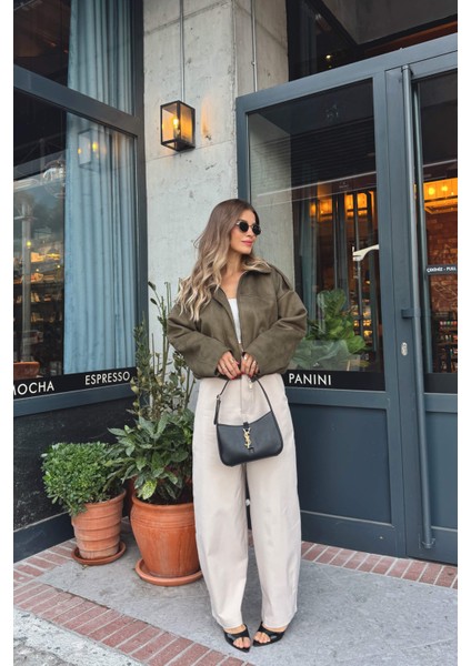 Haki Apolet Detaylı Astarlı Süet Ceket modelleri