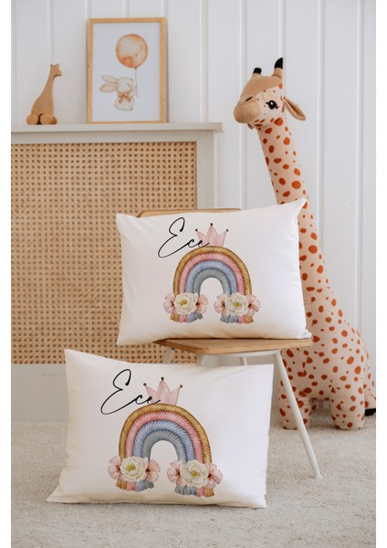 %100 Pamuk Isme Özel 2li Ekru Bebek Yastık Kılıfı 35X45 Cm-Gökkuşağı