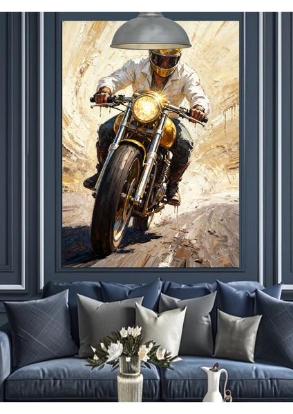Hızlı Motosikletçi Yolda Ilerliyor Dekoratif Kanvas - Mdf Ahşap Tablo
