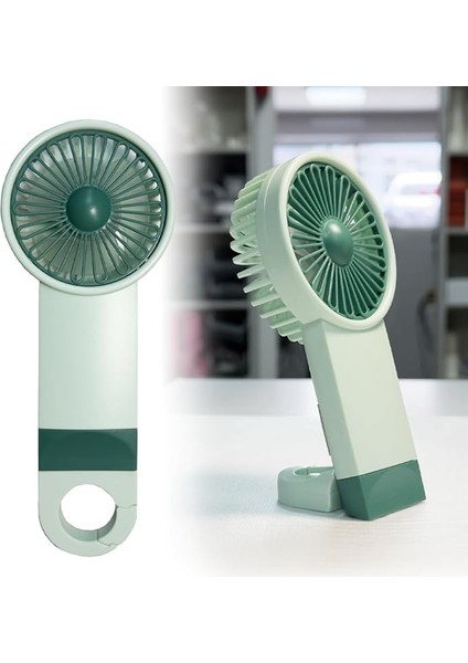 Şarjlı Mini El Fanı Standlı Çantaya Kemere Asılabilir, 3 Modlu Güçlü Serinletici Vantilatör Pervane (Yeşil)