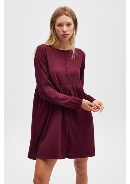 Leah Büzgülü Düğmeli Mini Triko Gömlek Elbise - Bordo fiyatları
