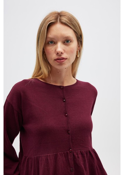 Leah Büzgülü Düğmeli Mini Triko Gömlek Elbise - Bordo fırsatları