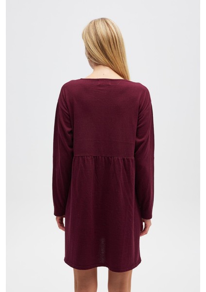 Leah Büzgülü Düğmeli Mini Triko Gömlek Elbise - Bordo