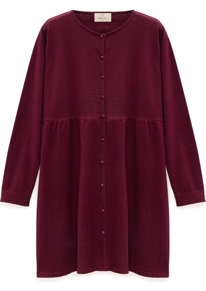 Leah Büzgülü Düğmeli Mini Triko Gömlek Elbise - Bordo