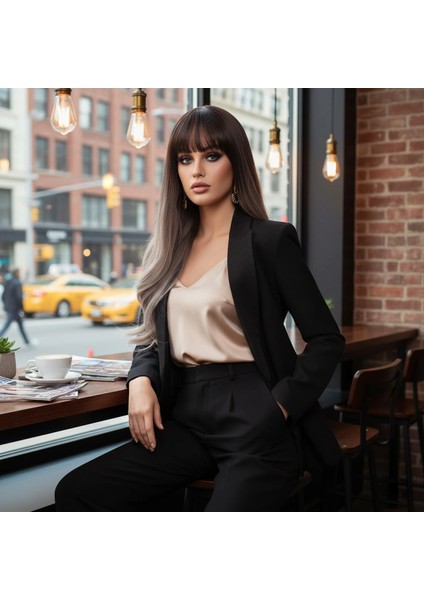 Doğal Dalgalı Perçemli Fiber Sentetik Uzun Boy Peruk - Koyu Kumral / Rus Kumralı Ombre ve Röfleli