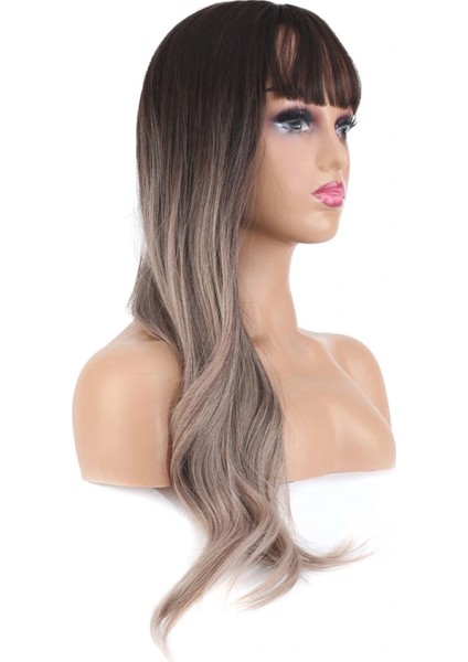 Doğal Dalgalı Perçemli Fiber Sentetik Uzun Boy Peruk - Koyu Kumral / Rus Kumralı Ombre ve Röfleli modelleri