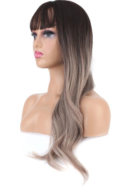 Doğal Dalgalı Perçemli Fiber Sentetik Uzun Boy Peruk - Koyu Kumral / Rus Kumralı Ombre ve Röfleli fırsatları