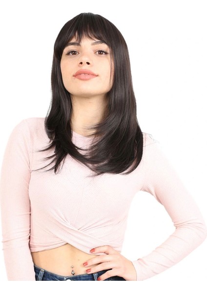 Düz Perçemli Orta Boy Fiber Sentetik Peruk - Kahverengi