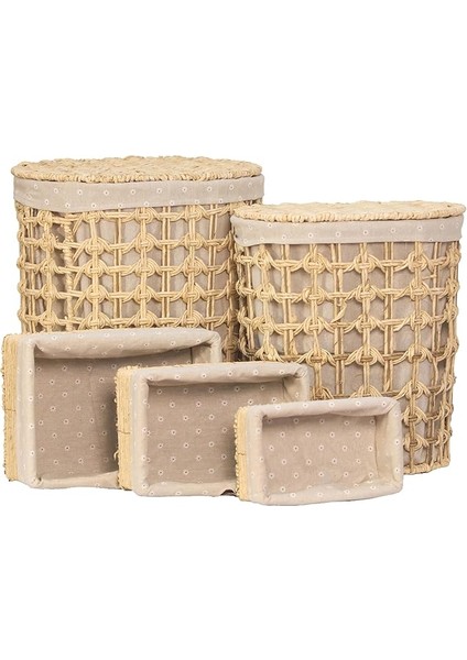 Home 5'li Hasır Çamaşır Sepeti Seti – 2 Adet Kapaklı Kirli Sepeti ve 3 Adet Organizer Sepet, Doğal Hasır El Örgüsü, Çamaşır, Oyuncak, Kıyafet ve Havlu Saklama (Geniş Örgü Oval Krem)
