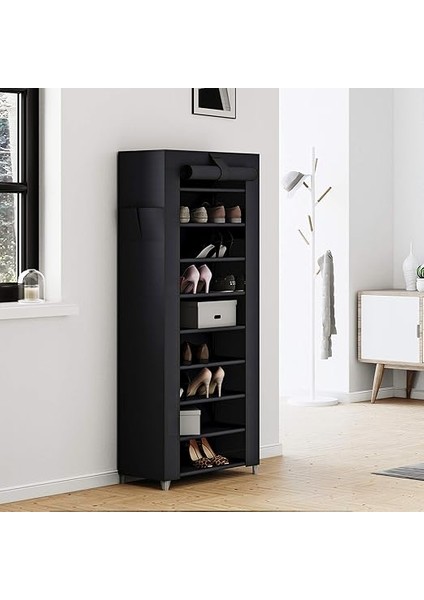 Toz Geçirmez Örtülü 10 Katlı Metal Ayakkabı Rafı, Siyah, RXJ10H fırsatları