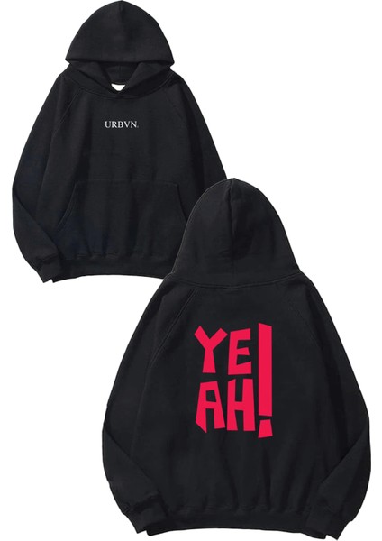 Yeah Tasarım Baskılı Oversize Siyah Kapüşonlu Sweatshirt