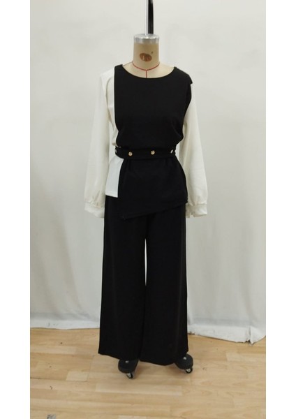 Kadın Uzun Kollu Açık Yakalı Çift Renkli Kemerli Ithal Krep Ikili Takım