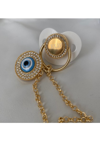 Altın Kaplama Nazar Boncuklu Isimli Emzik Zinciri Seti – Kişiye Özel Zirkon Taşlı Bebek Emziği fiyatları