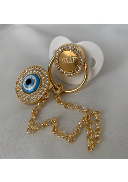 Altın Kaplama Nazar Boncuklu Isimli Emzik Zinciri Seti – Kişiye Özel Zirkon Taşlı Bebek Emziği modelleri