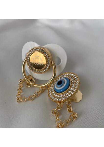 Altın Kaplama Nazar Boncuklu Isimli Emzik Zinciri Seti – Kişiye Özel Zirkon Taşlı Bebek Emziği fırsatları