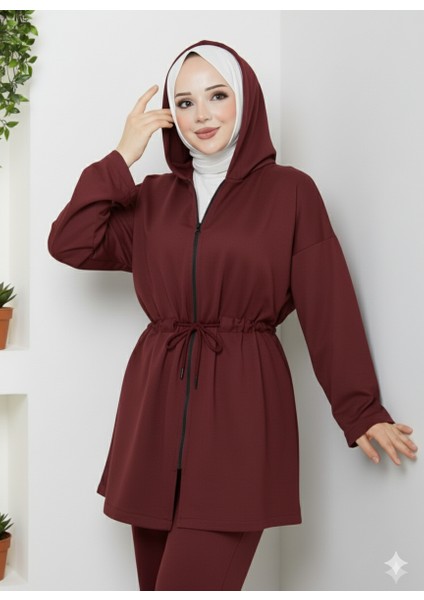 Modal Kumaş Bağlama Detay Fermuarlı Kapüşonlu Tesettür Eşofman Takımı