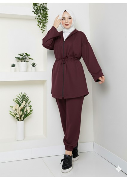 Modal Kumaş Bağlama Detay Fermuarlı Kapüşonlu Tesettür Eşofman Takımı fiyatları