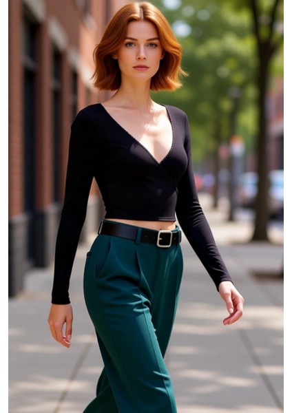 Kadın Ekru V Yaka Fitted Crop Uzun Kol Dantel Detaylı Anvelop Kışlık Pamuklu Elastan Bluz Kaliteli