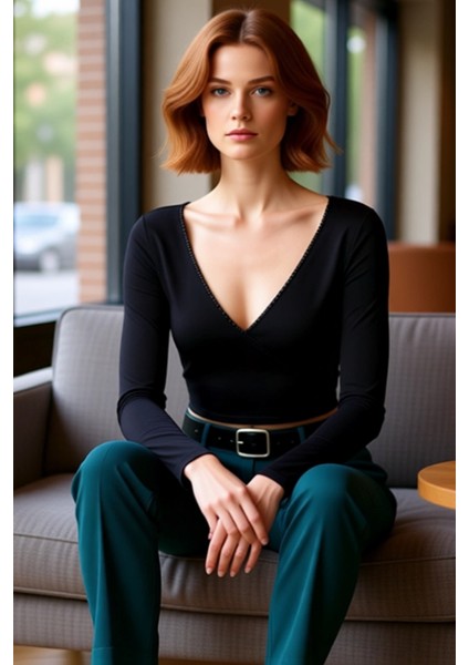 Kadın Ekru V Yaka Fitted Crop Uzun Kol Dantel Detaylı Anvelop Kışlık Pamuklu Elastan Bluz Kaliteli fiyatları