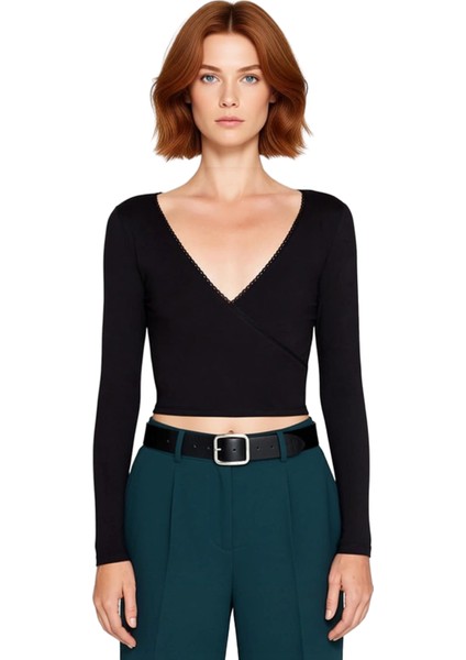 Kadın Ekru V Yaka Fitted Crop Uzun Kol Dantel Detaylı Anvelop Kışlık Pamuklu Elastan Bluz Kaliteli modelleri