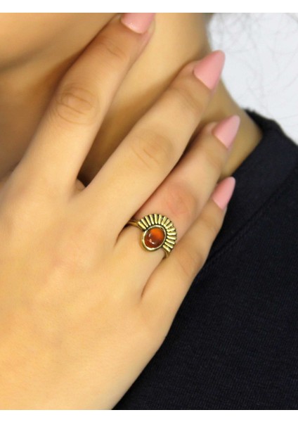 Doğal Taş Akik Yuvarlak Doğal Taşlı Antik Model Kadın Ayarlanabillir Yüzük EUY82A
