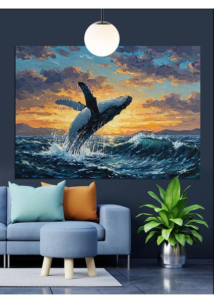 Denizden Zıplayan Kambur Balina Dekoratif Kanvas - Mdf Ahşap Tablo