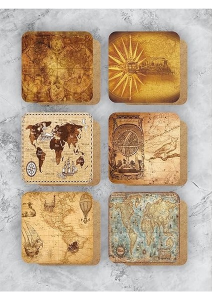 Dünya Haritası Temalı Ahşap Bardak Altlığı Ahşap Baskılı Altlık 6'lı Set (9 X9CM) KARBONNM13 fiyatları