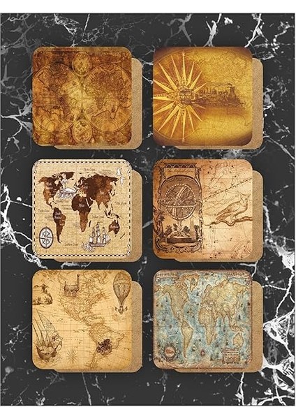 Dünya Haritası Temalı Ahşap Bardak Altlığı Ahşap Baskılı Altlık 6'lı Set (9 X9CM) KARBONNM13 modelleri