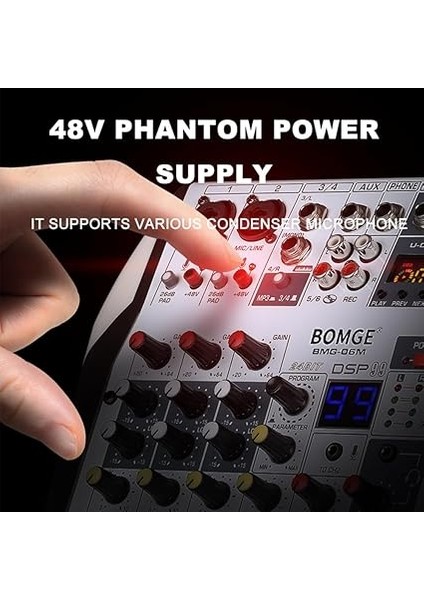6 Kanal Dj Ses Ses Mikseri Profesyonel Ses Tablası Stereo Mp3 USB Bt Gişi 48V Phantom Power 99 Dsp Işlemci Anahtar Göstergeli Geniş Ekran Masaüstü Karaoke Iç Dj Mikser Kartı modelleri