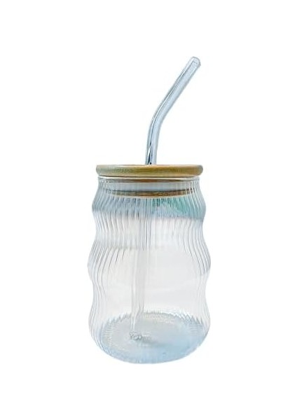 500ML Bambu Kapaklı Cam, Cam Pipetli Silikon Kapak Contalı Çizgi Desenli Soğuk Içecekler Için Kahve Meyve Suları ve Çayları Için Ergonomik Şık Tasarım fiyatları