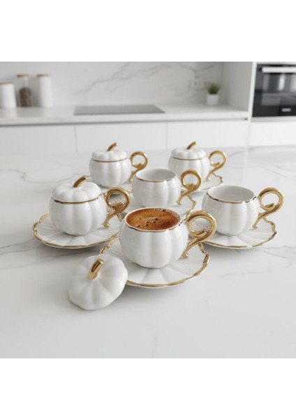 Yaldızlı Kapaklı Porselen Beyaz Bal Kabağı Kahve Fincan Takımı - 6 Kişilik