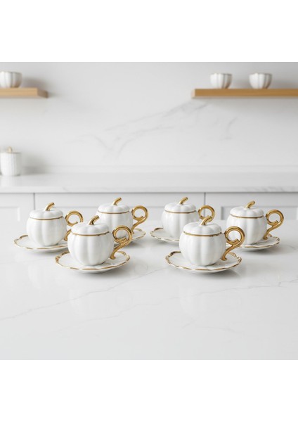 Yaldızlı Kapaklı Porselen Beyaz Bal Kabağı Kahve Fincan Takımı - 6 Kişilik indirimleri
