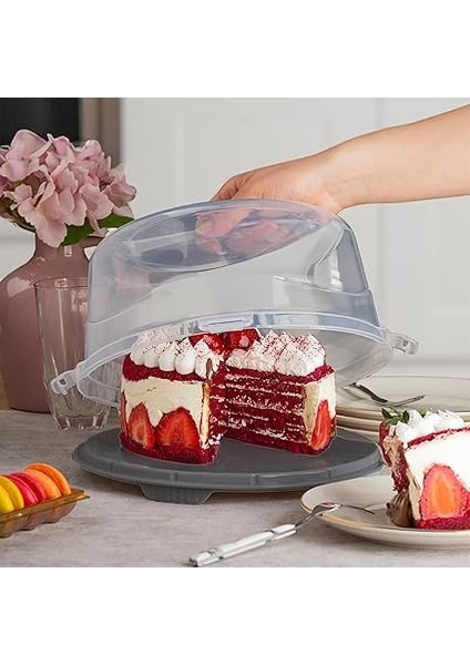 1091 Antrasit Yuvarlak Kek Pasta Börek Saklama Kabı - Kilitli Kapaklı Taşıma Fanusu 25 cm fiyatları