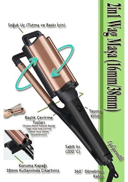 2in1 Wag Maşa (2 Ayarlı Döner Başlıklı 16MM Ince Bukle & 38MM Iri Dalga) indirimleri