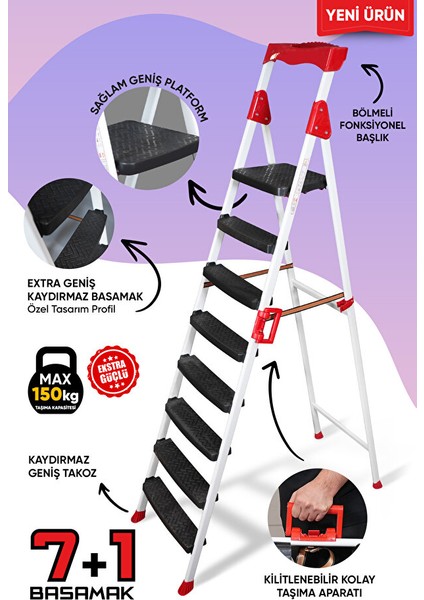 Elegance 7+1 Geniş Basamaklı Kolay Taşıma Aparatlı Merdiven Kaliteli Paslanmaz