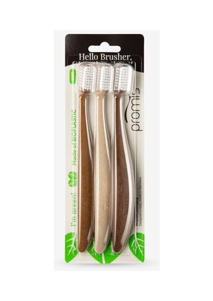 Promıs Wood Love Bioplastik 3’lü Diş Fırça Seti - 6750 Antibakteriyel Yumuşak Kıl, Ergonomik Lignin Sap, Geri Dönüştürülebilir, Ahşap Sap, Italyan Tasarımı, Alman Üretimi