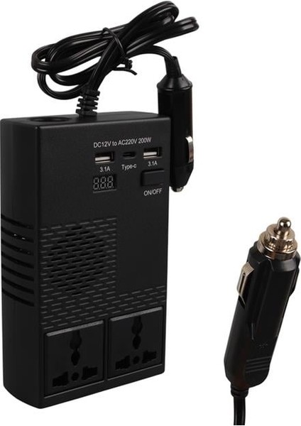 1664 Dc 12-24V 200W Oto Araç Power Inverter 1x Çakmak Girişi - 1x Type-C - 2x USB - 2x 220V Üniversal Priz