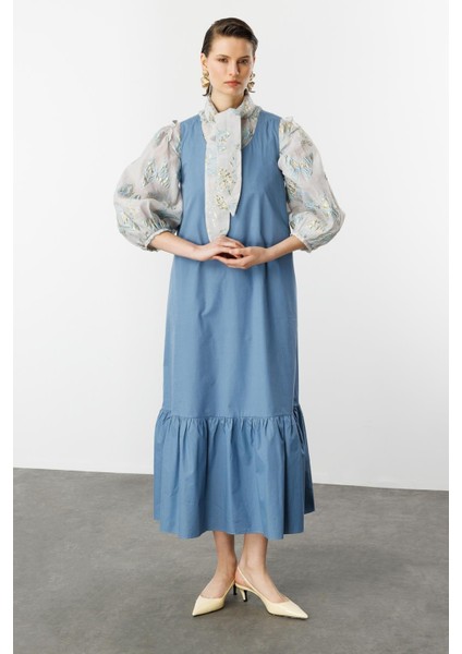 Eteği Volanlı Uzun Elbise-Indigo