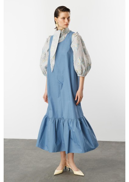 Eteği Volanlı Uzun Elbise-Indigo fırsatları