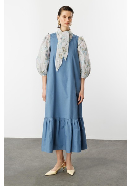 Eteği Volanlı Uzun Elbise-Indigo indirimleri