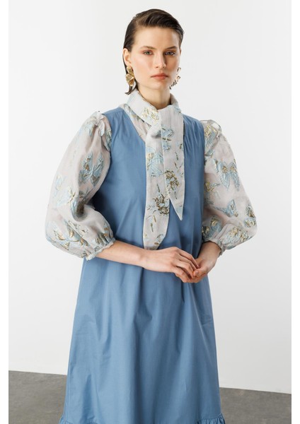 Eteği Volanlı Uzun Elbise-Indigo