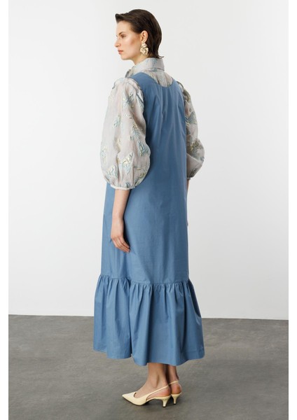Eteği Volanlı Uzun Elbise-Indigo